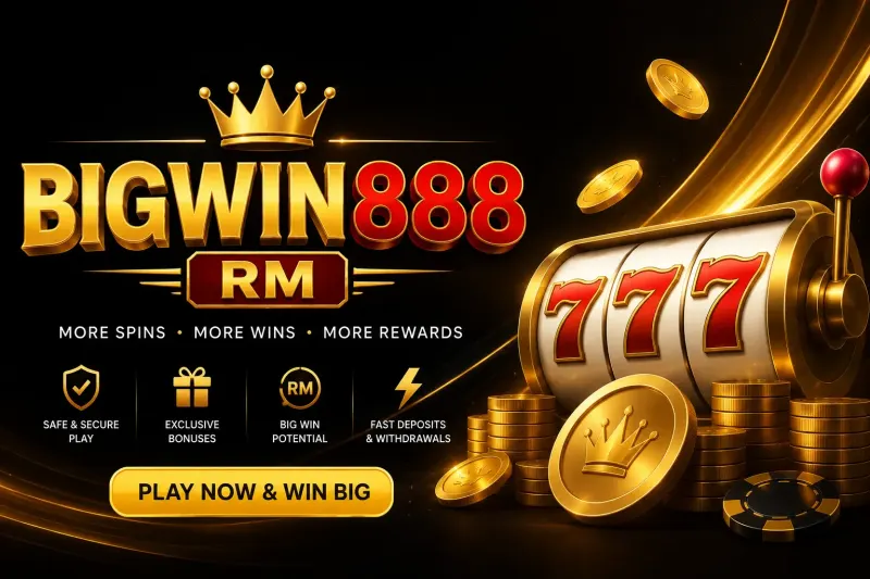 Bigwin888RM promotional graphic showing the brand mark, a slot reel, and stacked coins